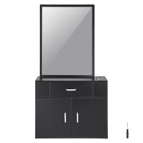 Salon Organizer, Wall-Hanging Unit for Hairdressers, Complete with 3 Holders, Mirror, Dual-Door Storage, and Single Drawer, Black