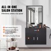 Salon Organizer, Wall-Hanging Unit for Hairdressers, Complete with 3 Holders, Mirror, Dual-Door Storage, and Single Drawer, Black